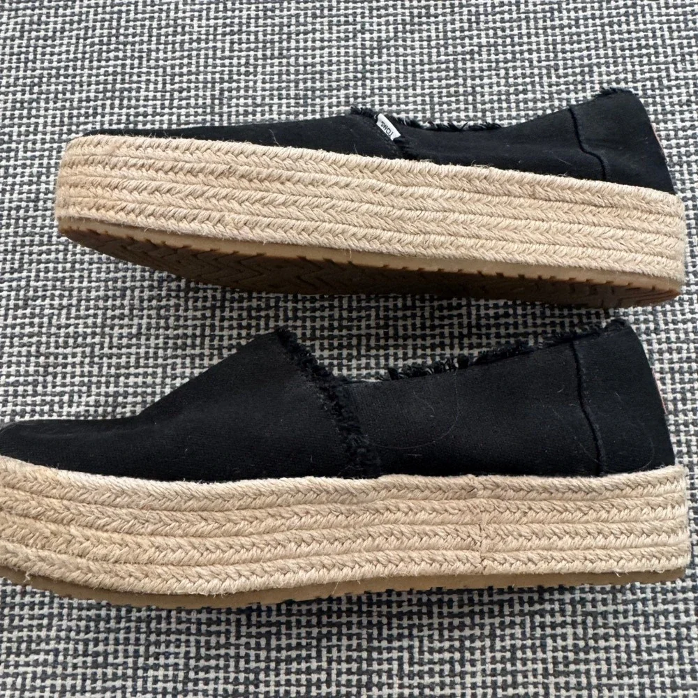 TOMS Alpargata Black Frayed Canvas Platform Espadrille Slip On Shoes Womens 9.5